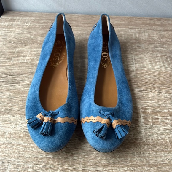 Tod's Blue/tan Leather Tassel Ballet Flats Size 38.5 - Picture 3 of 10